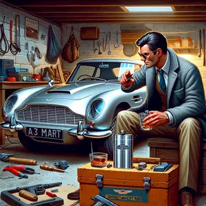 James Bond Dad in his garage, working on the aston, with his trusty personalised hip flask beside him