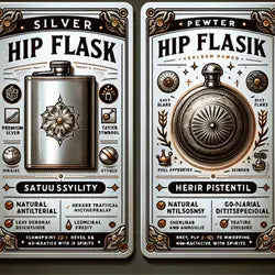 Two hip flask trading card style images, showing benefits of each material