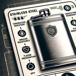 A stainless steel hip flask, with trading card style stats  around it