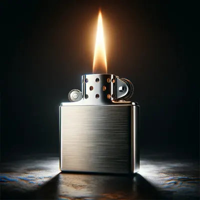 A personalised lighter, in brushed chrome, lighting a flame