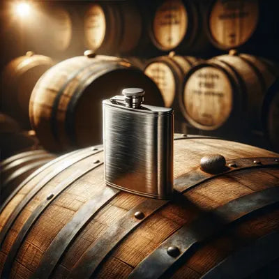 Hip Flask on a barrel of whisky