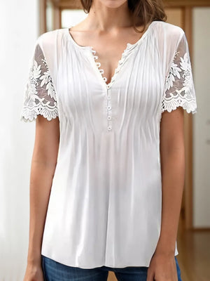 Notched Lace Short Sleeve Top - THE CHIC TRENDS