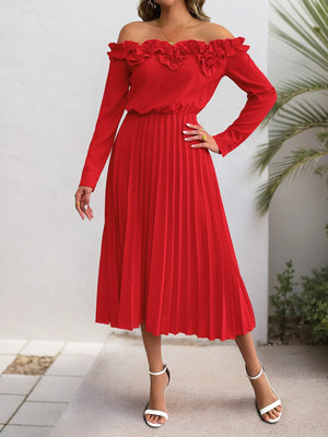 Off-Shoulder Ruffle Pleated Midi Dress - THE CHIC TRENDS