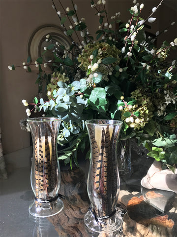 Pheasant feather hurricane vase