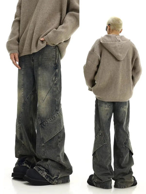 Riolio American Street Trend Retro Yellow Mud Washed Jeans Men High Street Patchwork Irregular Design Drape Feeling Micro Flared Pants - Riolio