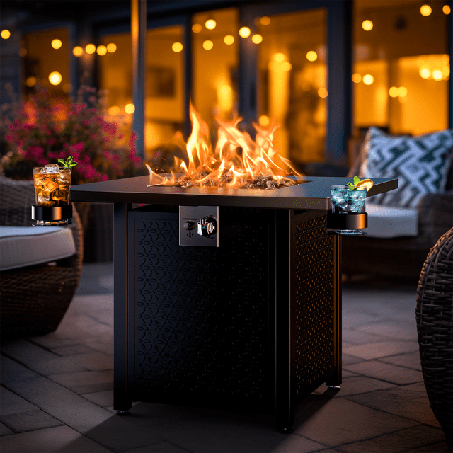 28" Gas Fire Pits for Outside 50,000 BTU Propane Fire Pit Table with Lid and Lava Rock, Black - Walmart.com