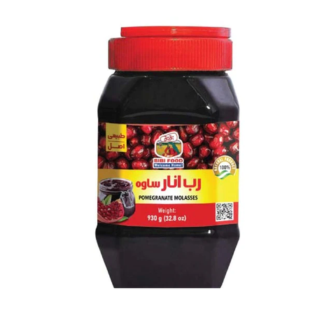  BiBi Food’s Pomegranate Molasses in a clear glass bottle, showcasing its rich, dark color. Perfect for culinary uses, offering health benefits