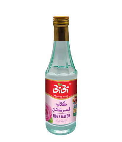 Premium BiBi Food Rose Water in an elegant glass bottle, showcasing its clear, pure liquid with a hint of natural pink hue, perfect for culinary and skincare uses