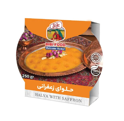 BiBi Food’s Halva with Saffron, a traditional Persian confection, displayed in a 250-gram pack, showcasing its rich texture and golden saffron hue, perfect for cultural celebrations and desserts