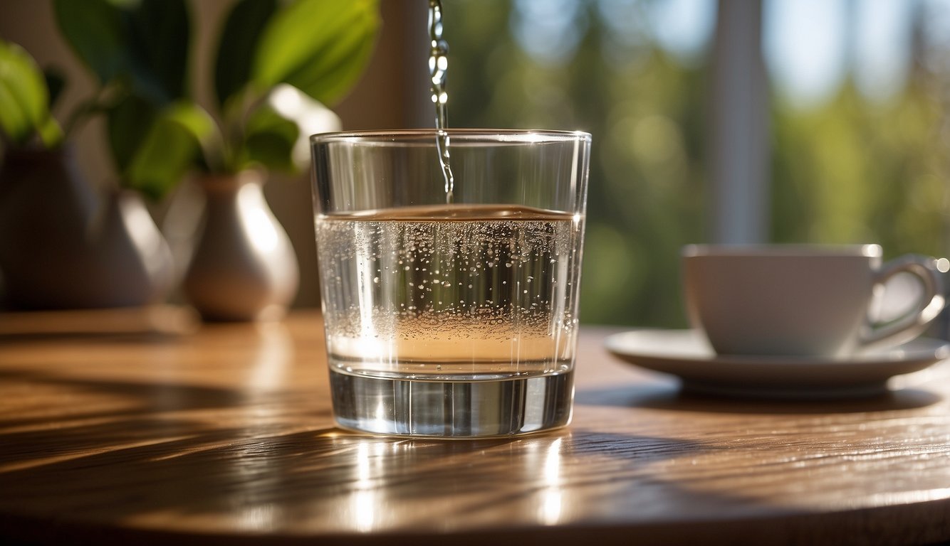 A wooden table sits in a sunlit room, with a glass of water resting on its surface. The wood grain is visible, and the water creates small droplets on the table