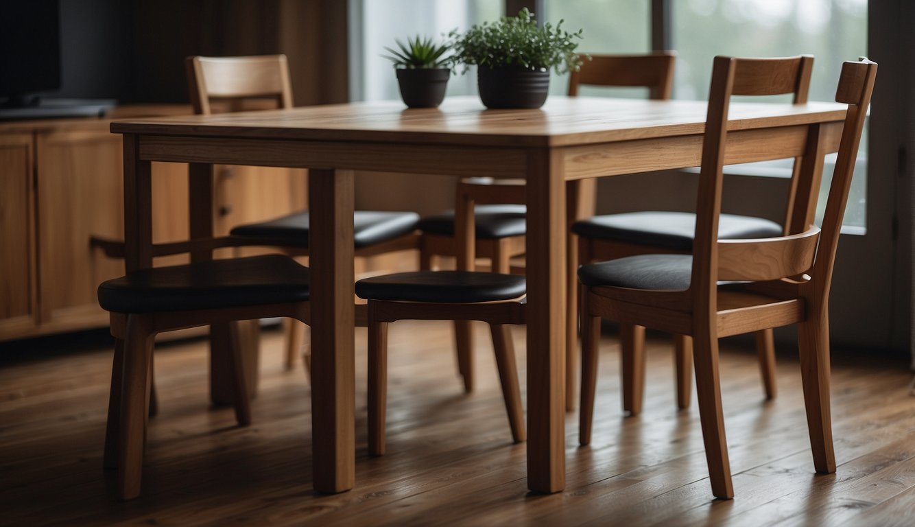 Wood furniture sits in a damp room, showing signs of warping and discoloration due to moisture exposure