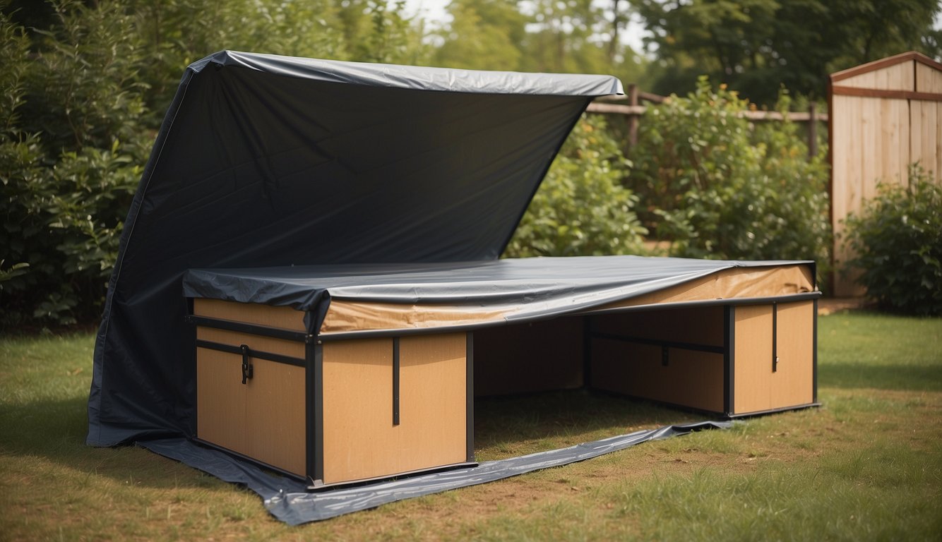 Wood furniture covered with waterproof tarp in a dry, well-ventilated area. Moisture meters and dehumidifiers nearby