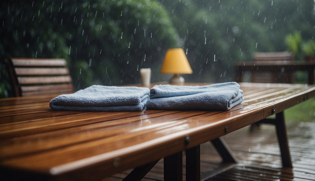 A wooden table sits outside in the rain, water pooling on its surface. A person rushes over with towels and a fan to dry the furniture