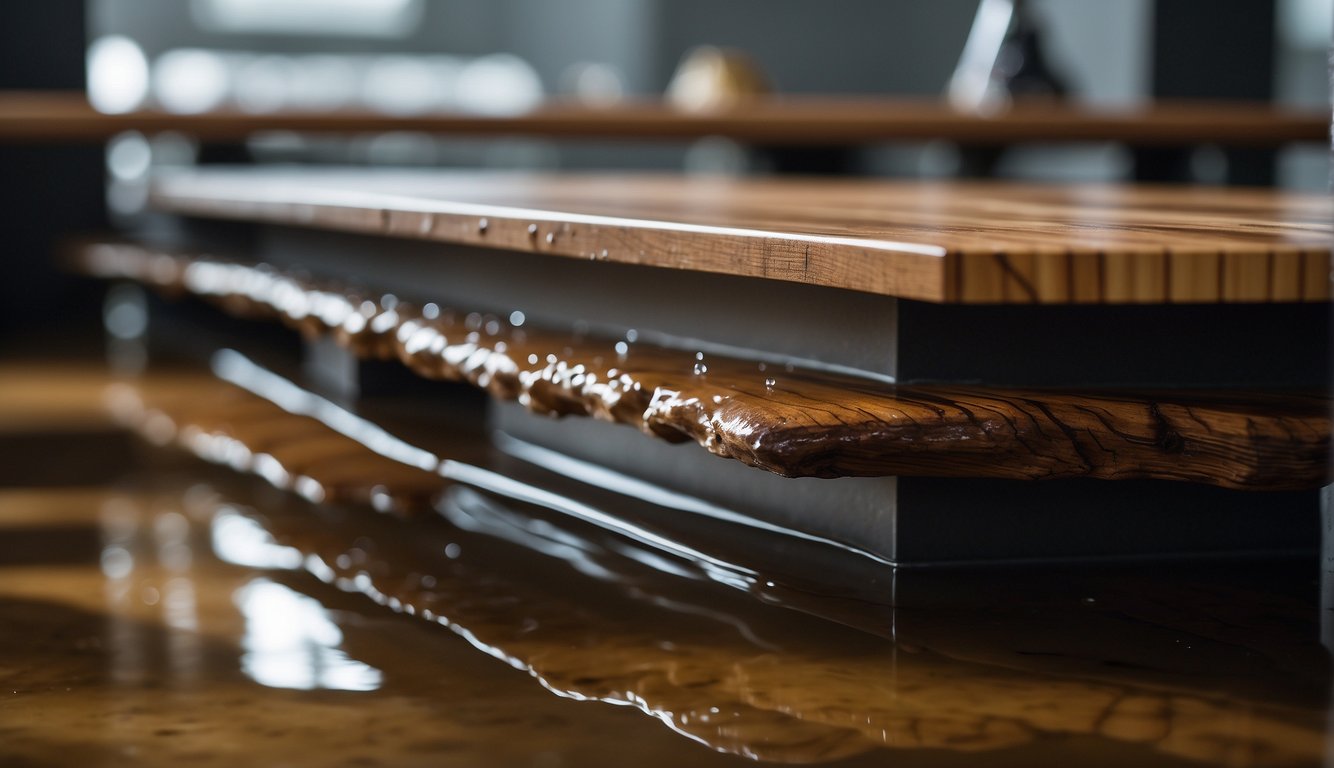 Wood furniture sits in a flooded room, water seeping into the grain. Mold begins to form as the wood warps and cracks from the moisture