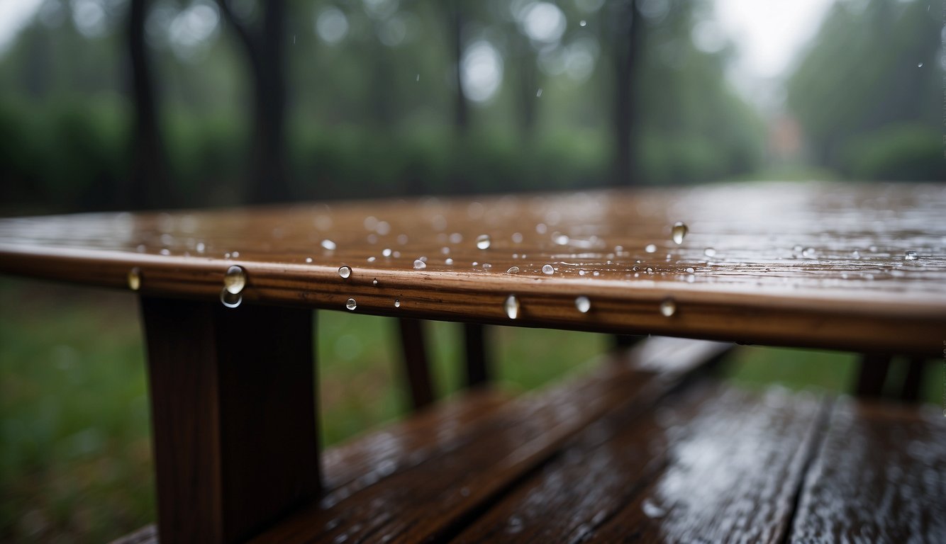 Wood furniture sits outdoors in the rain. Water droplets bead on the surface, causing the wood to darken and warp