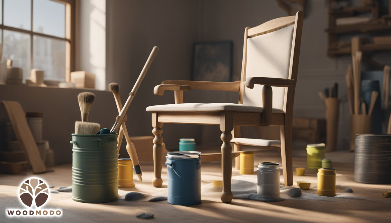 A wooden chair sits on a drop cloth, surrounded by paint cans, brushes, and sandpaper.