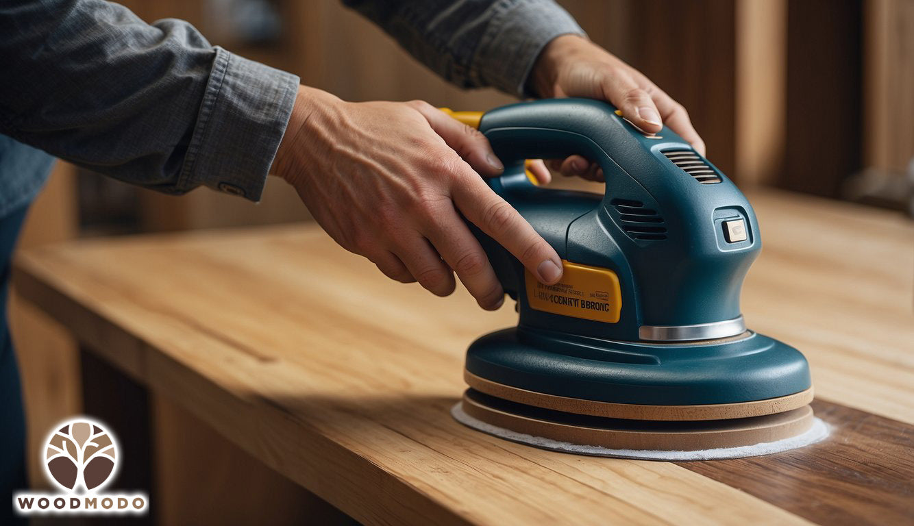 A person sanding a wooden furniture piece, preparing it for painting. Sandpaper and dust visible