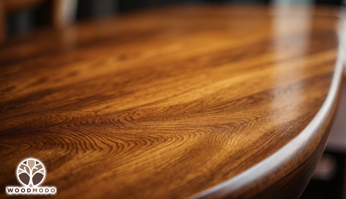 A close-up of a polished mango wood table, with intricate grain patterns and a warm, golden hue, showcasing its natural beauty and durability