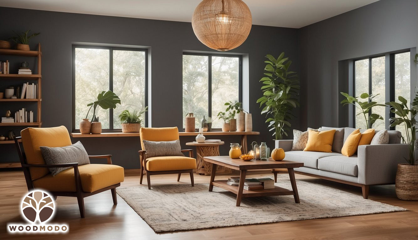 A cozy living room with a sleek mango wood coffee table, a sturdy dining set, and a beautiful mango wood bookshelf