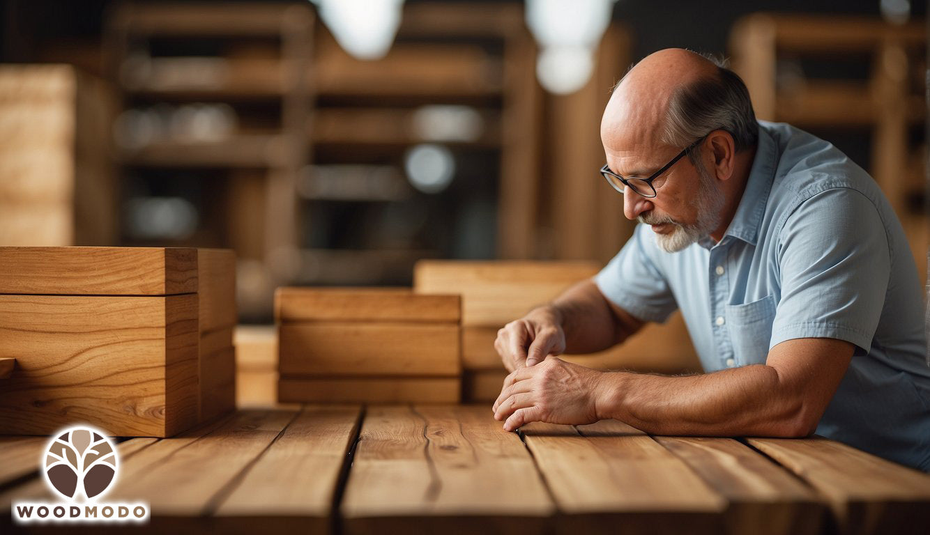 A person comparing mango wood quality, examining texture and finish