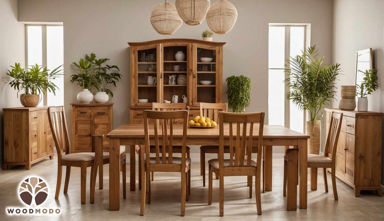 A display of popular mango wood furniture items, including a dining table, chairs, and a sideboard