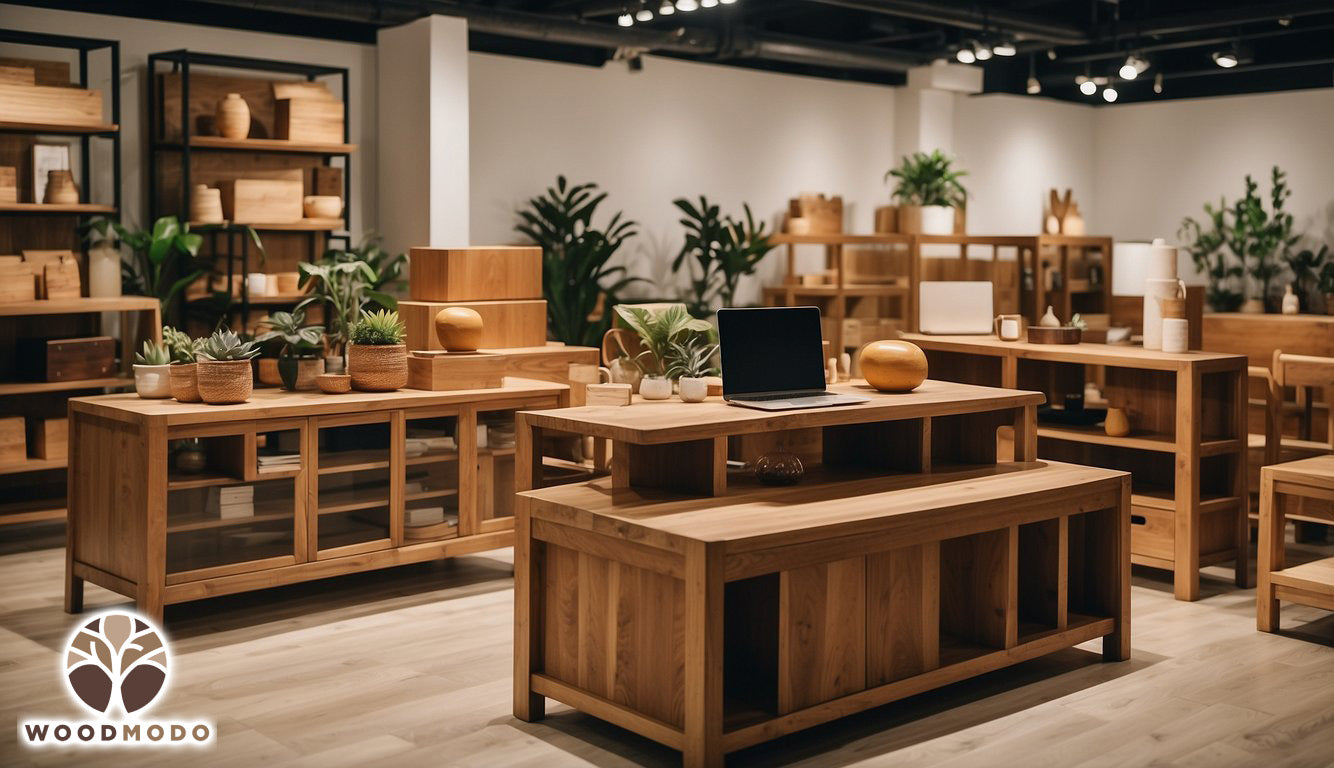 A shop displays modern mango wood furniture for sale