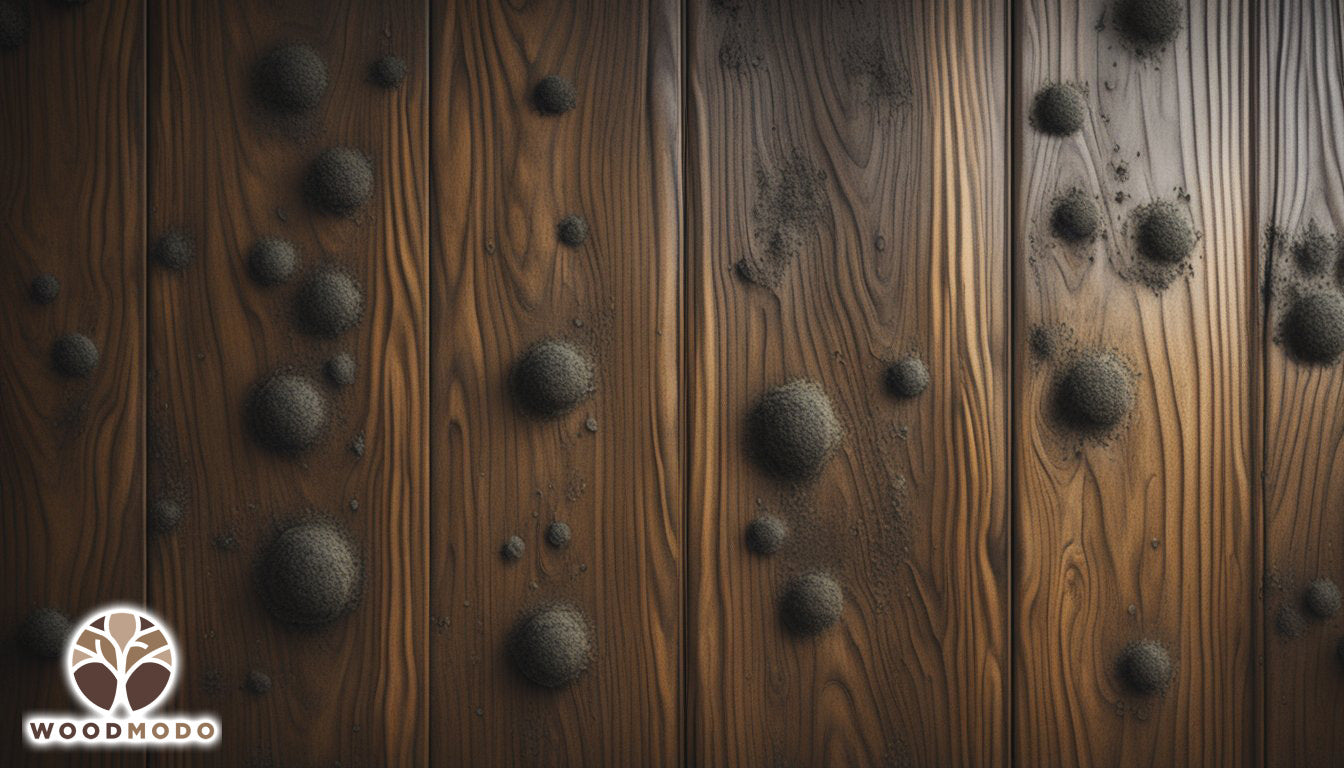 Mold grows on wood furniture. Visible spores and musty smell. Dark patches on surface