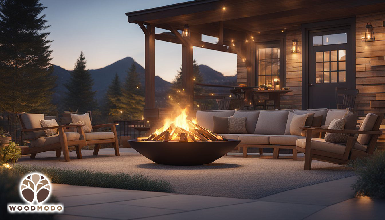 A wood fire pits in a spacious backyard. The scene is illuminated by the warm glow of the flames