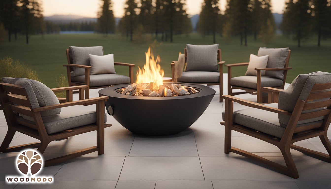 A wood-burning fire pit, set in outdoor settings with chairs and tables