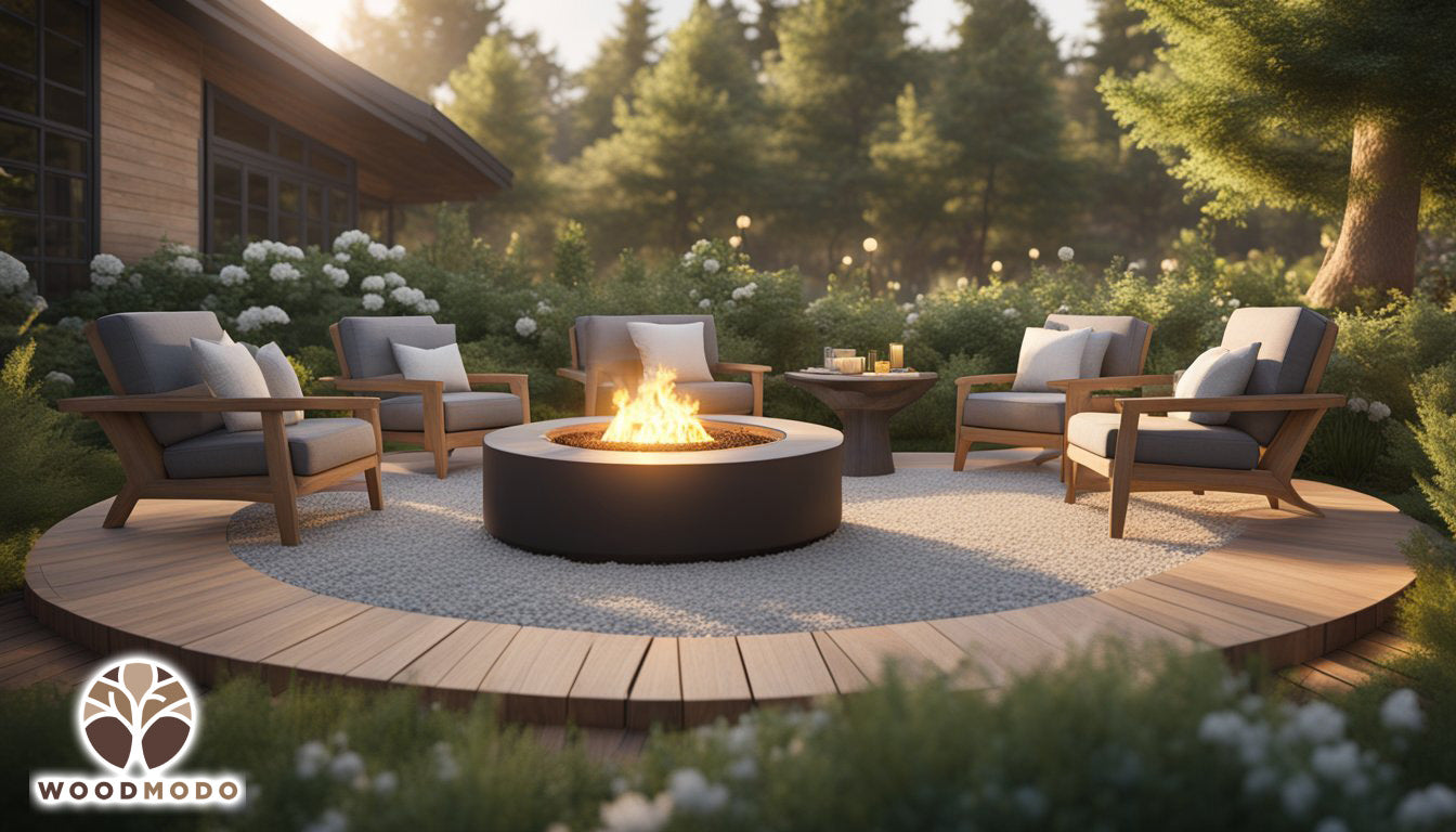 A circular stone fire pit surrounded by wooden deck chairs and a lush garden backdrop