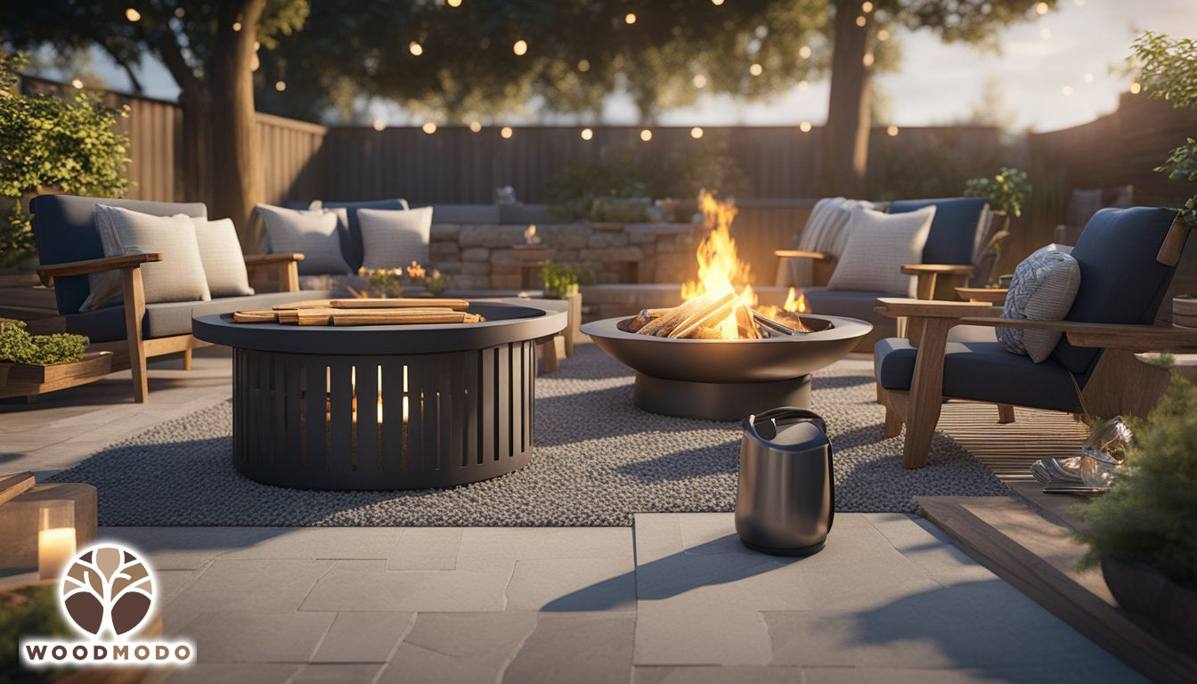 An outdoor fire pit surrounded by various types of accessories and features, such as grates, covers, and cooking tools