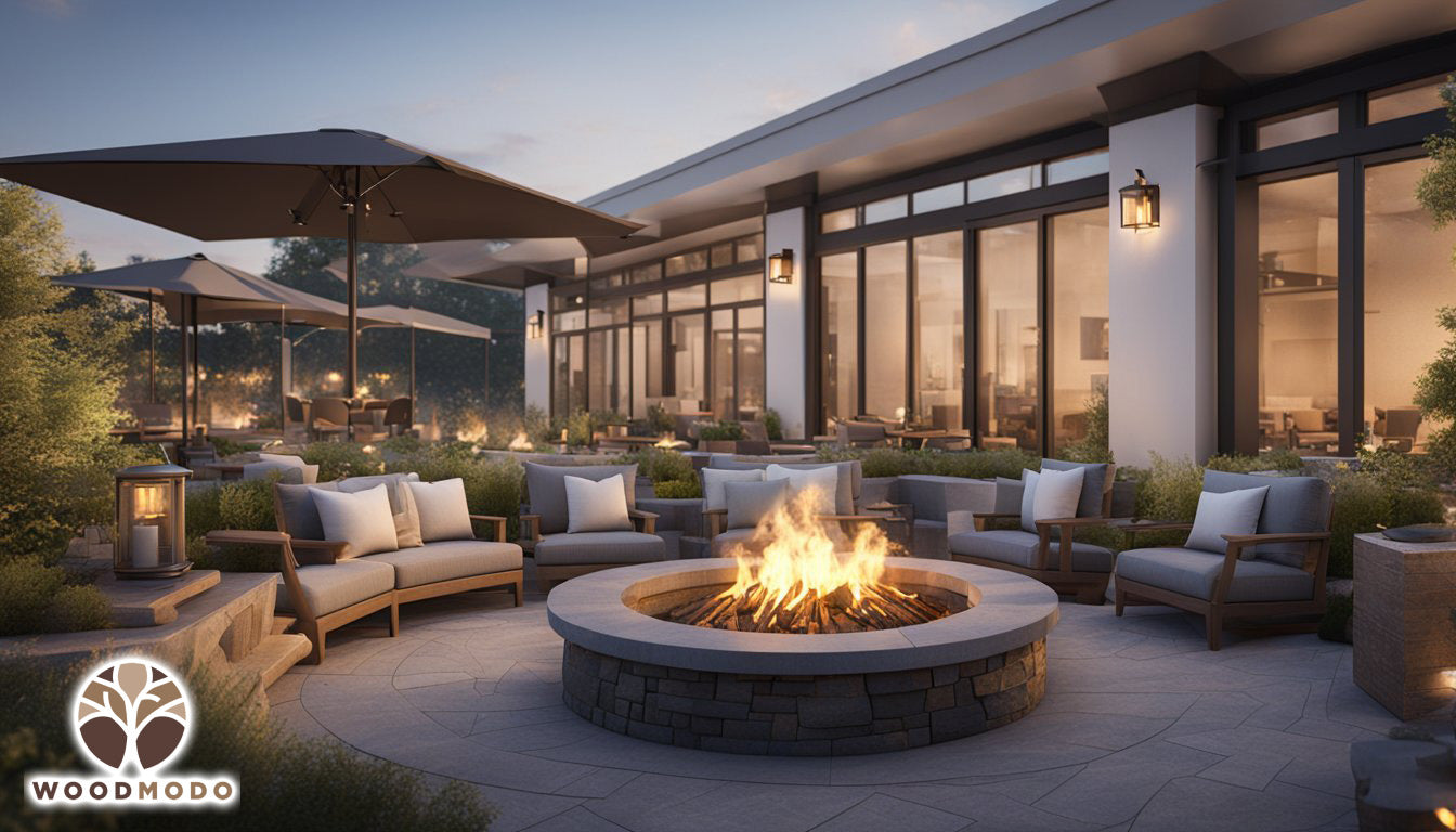 A brick outdoor fire pit in a classy outdoor area