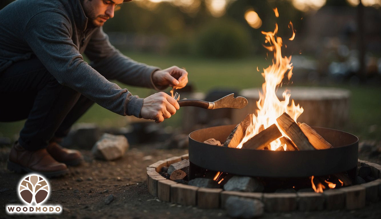 A DIY enthusiast assembling a fire pit with tools and materials