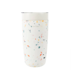 White tumbler with red, yellow, pink, blue, and green speckles