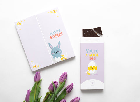 light purple "you're a good egg" card with a photo of a hatching chick with a chocolate bar inside