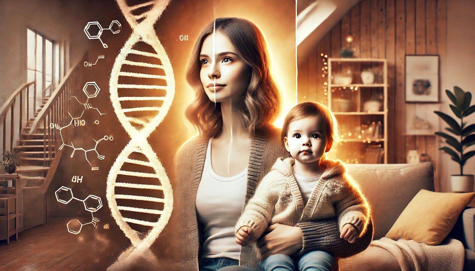 A split-screen image showing a mother and daughter, with the daughter holding a baby, to represent genetic factors and heredity in fertility