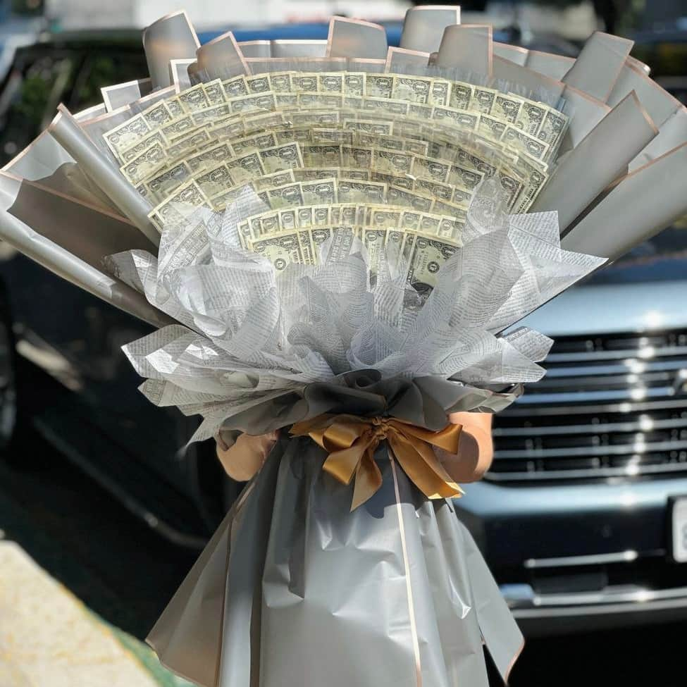 Blue Sky Money Bouquet: $500 Bills Wrapped in Brilliant Blue Paper