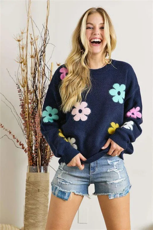 ADORA Full Size Flower Popped Sweater Plus Size