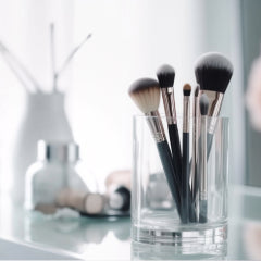 Makeup brushes and tools shown on a table