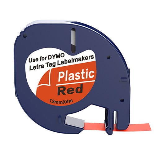 Se Dymo 91203 sort på rød plastiktape 12 mm S0721630 - Kompatibel hos INKPARTNER