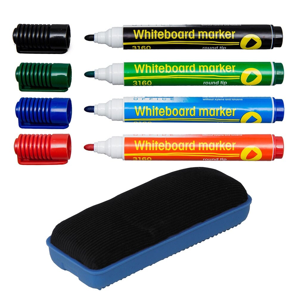 Se Whiteboard marker sæt med 4 farver og tavlevisker hos INKPARTNER