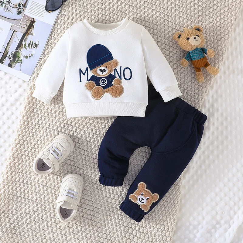 Toddler Cartoon Bear Long Sleeve Tee & Navy Pants Set