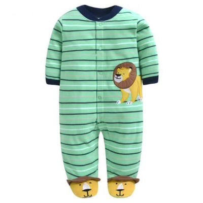 Green striped fleece-lined romper with lion