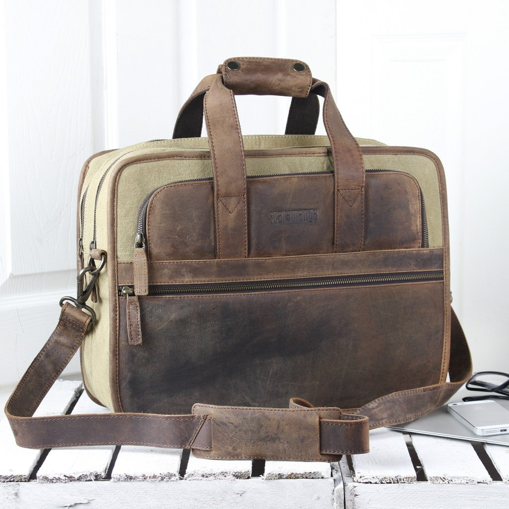 leather and canvas laptop bag