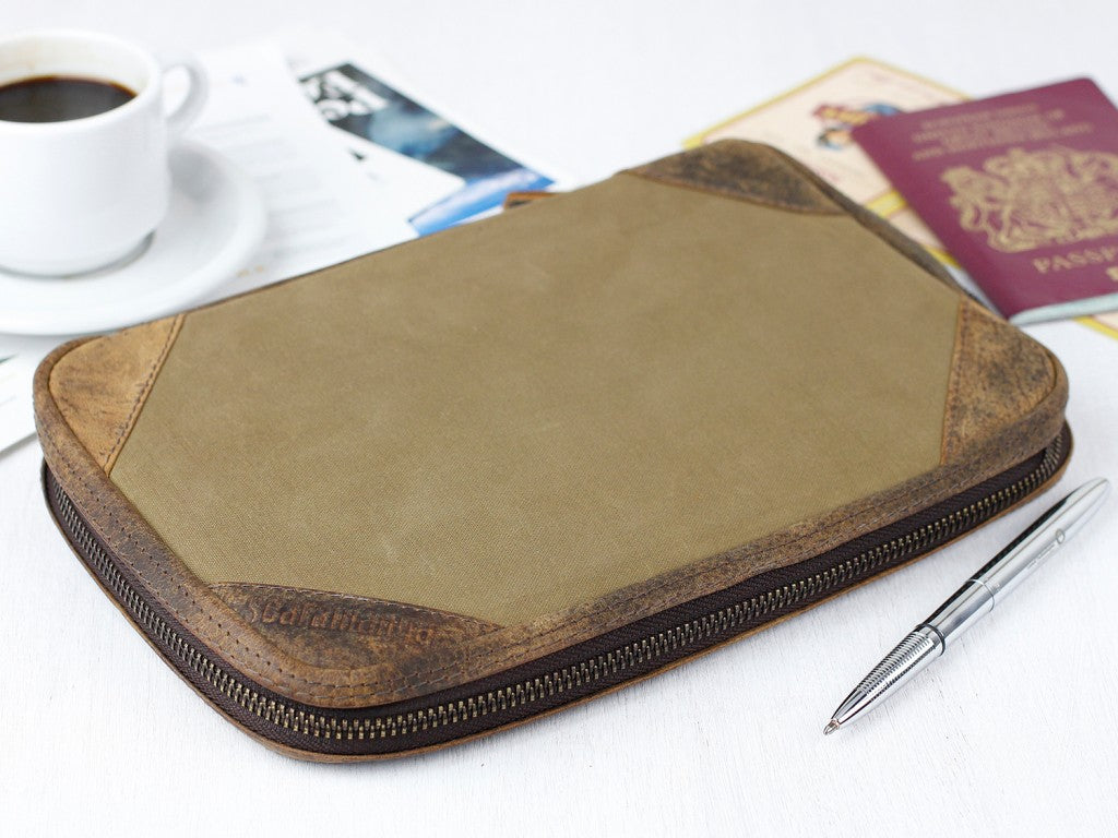 leather and canvas family travel wallet