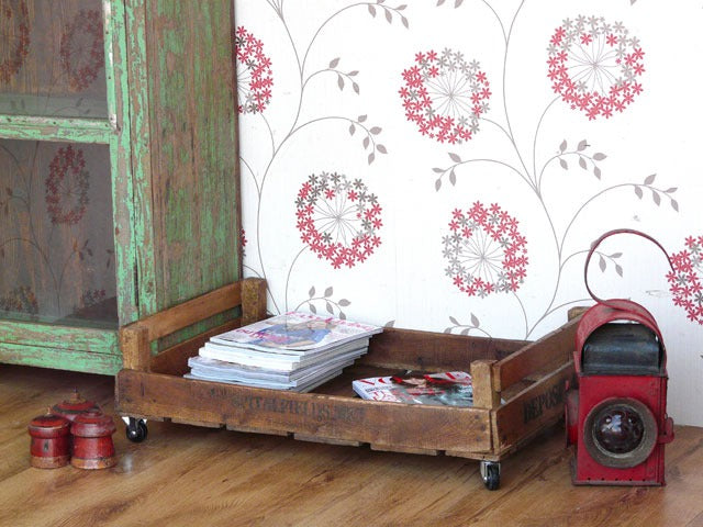 Vintage apple crates as magazine storage