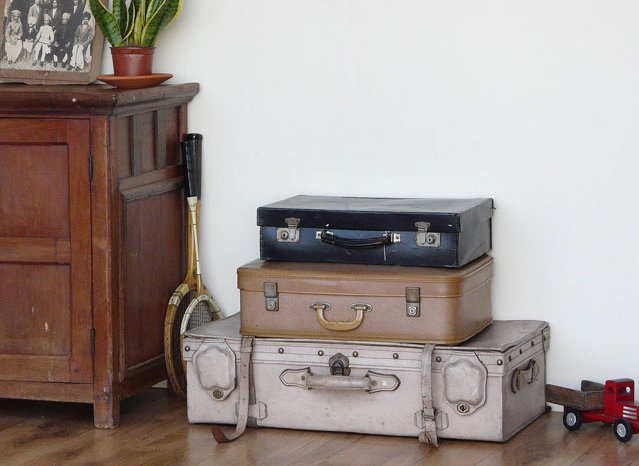 Old Black Monogrammed Leather Suitcase with Blue Lining, £40