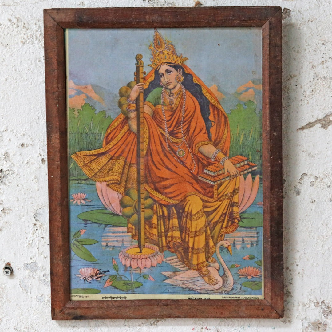 Image of Old Indian Print by Ravi Varma - Goddess Sarasvati