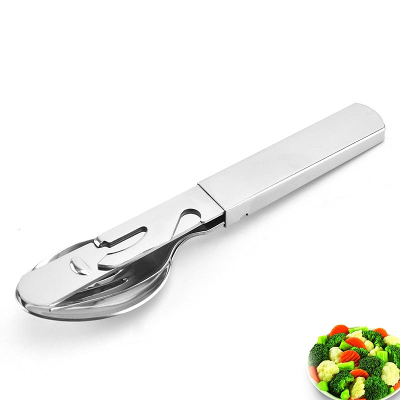 4-in-1 Portable Stainless Steel Camping Spoon, Fork, Knife and Can/Bottle Opener, Military