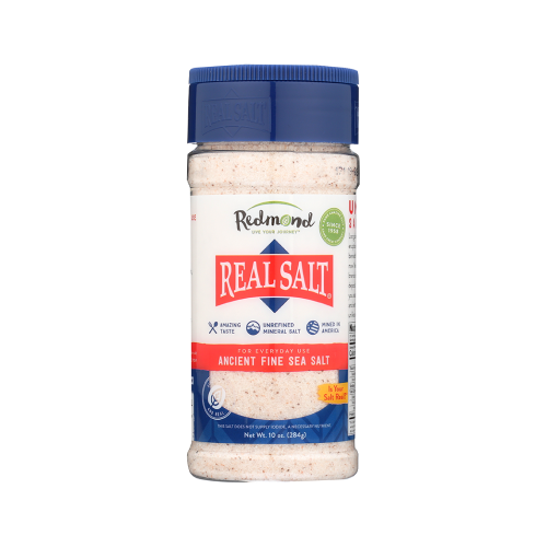 Bottle of Redmond Real Salt Fine Sea Salt.